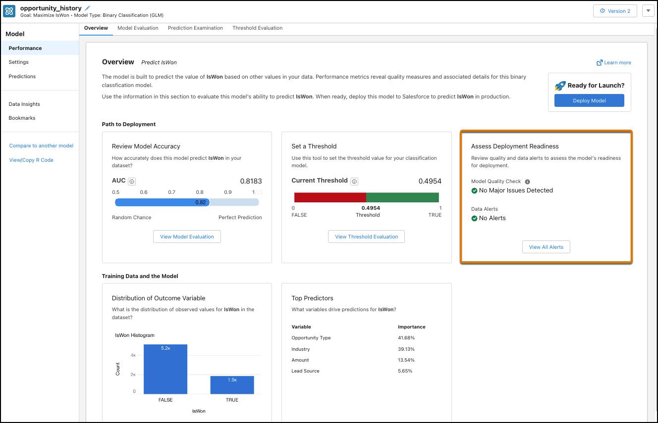 La pantalla de descripción general del rendimiento del modelo de la nueva versión con el número de versión y la sección Assess Deployment Readiness (Evaluar la preparación de la implementación) resaltada