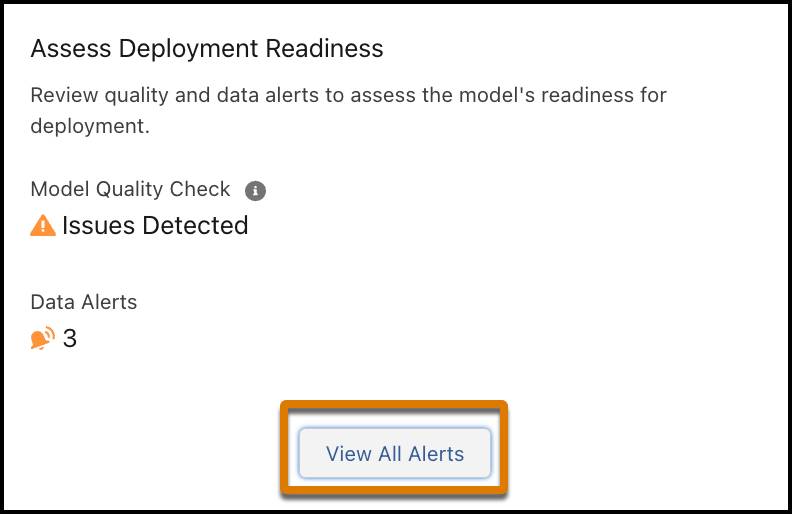 Muestra el título Assess Deployment Readiness (Evaluar la preparación de la implementación) con el botón View All Alerts (Ver todas las alertas) resaltado