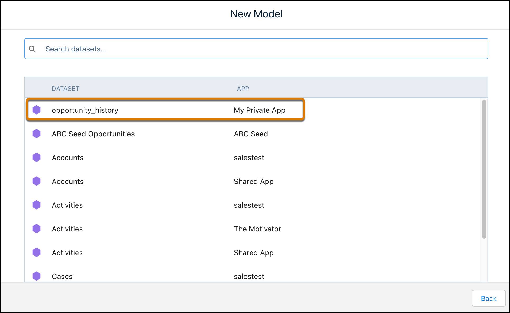 Selecione o conjunto de dados do Tableau CRM que contém os dados para análise.
