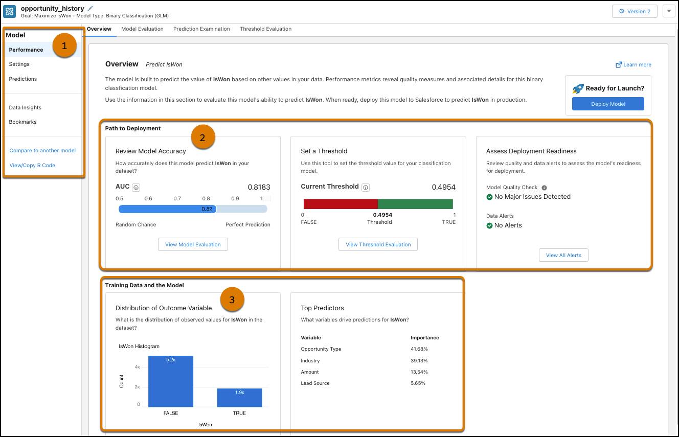 Model Metrics Overview screen for binary classification models