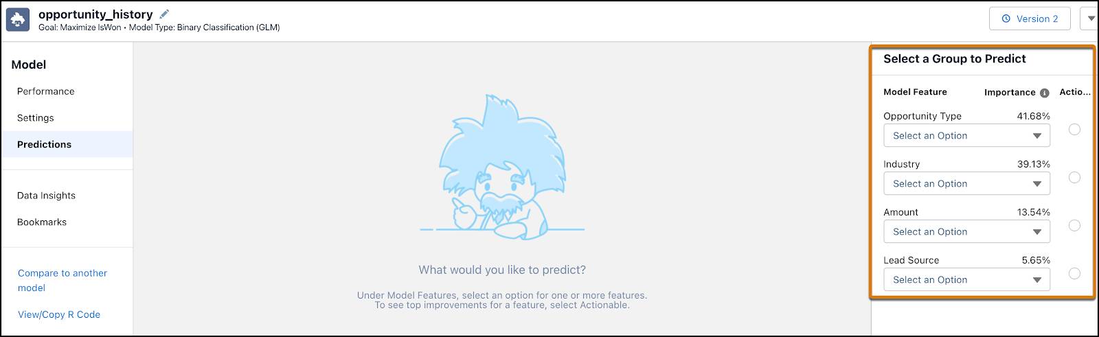 El panel Select a Group to Predict (Seleccionar un grupo para predecir) donde selecciona las entradas para el modelo