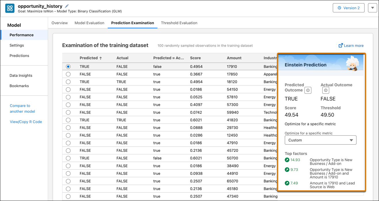 Prediction Examination screen for the model