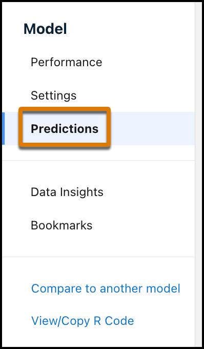 Riquadro di navigazione sulla barra laterale sinistra in cui è evidenziata la sezione Predictions (Previsioni).