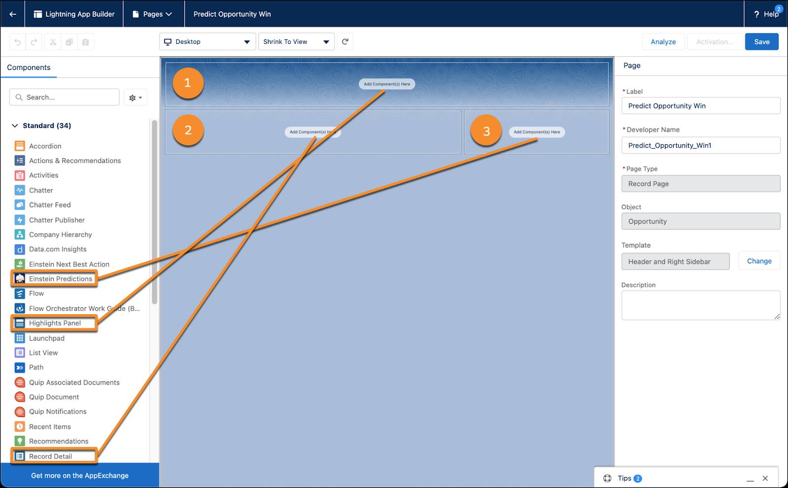 Lightning App Builder showing which components to drag to which part of the page