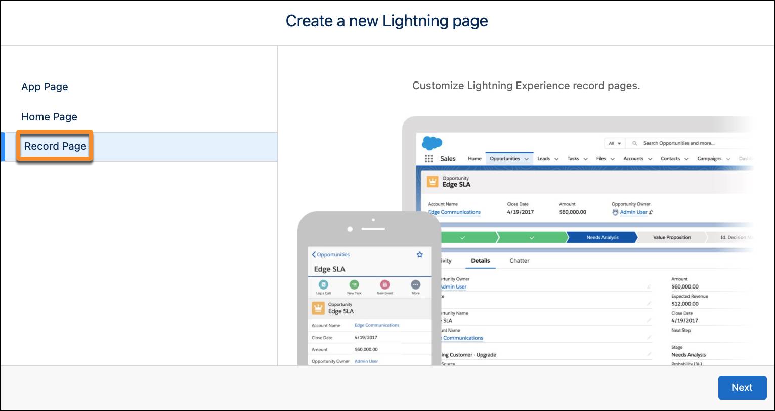 Pantalla Create a new Lightning page (Crear una nueva página de Lightning) con Record Page (Página de registro) seleccionado