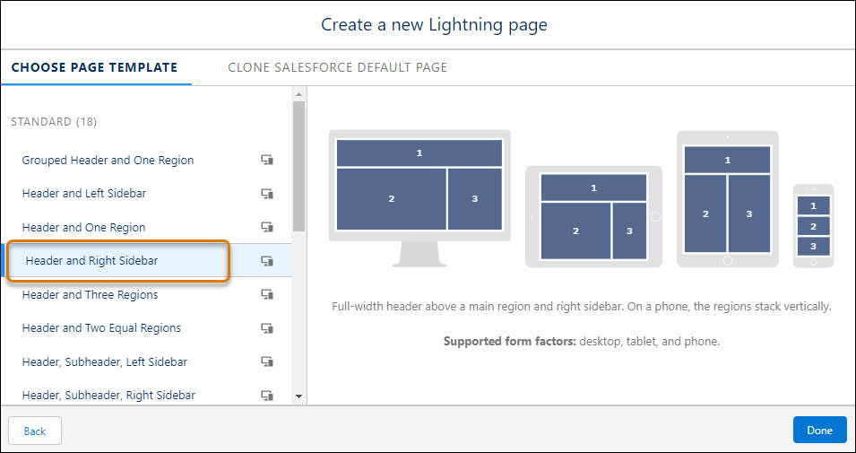 [ヘッダーと右サイドバー] が選択されている [Lightning ページを新規作成] 画面