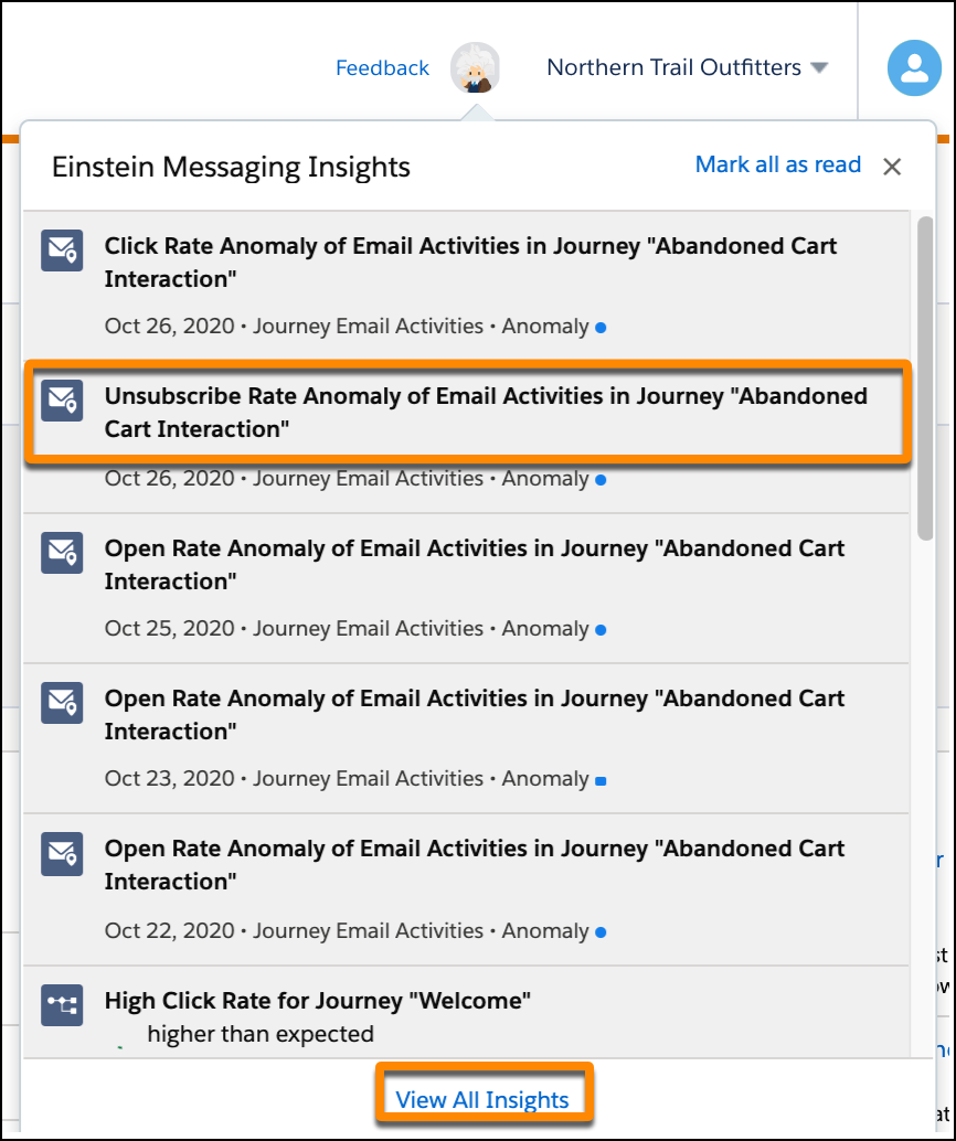 Einstein insights popup with the View All Insights link highlighted.