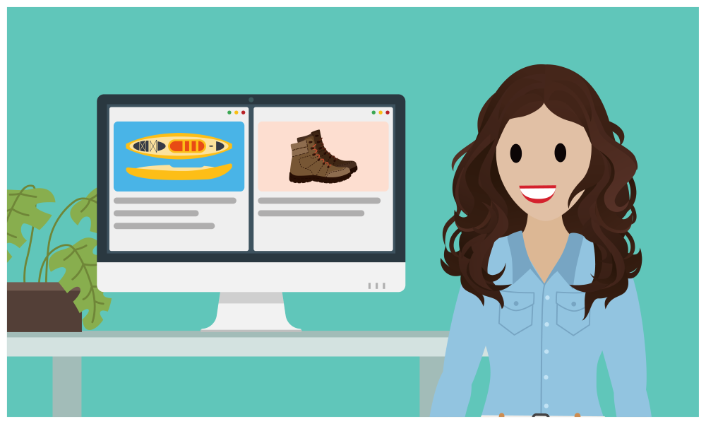 A woman stands next to a computer showing two web mockups with a kayak and hiking boots.