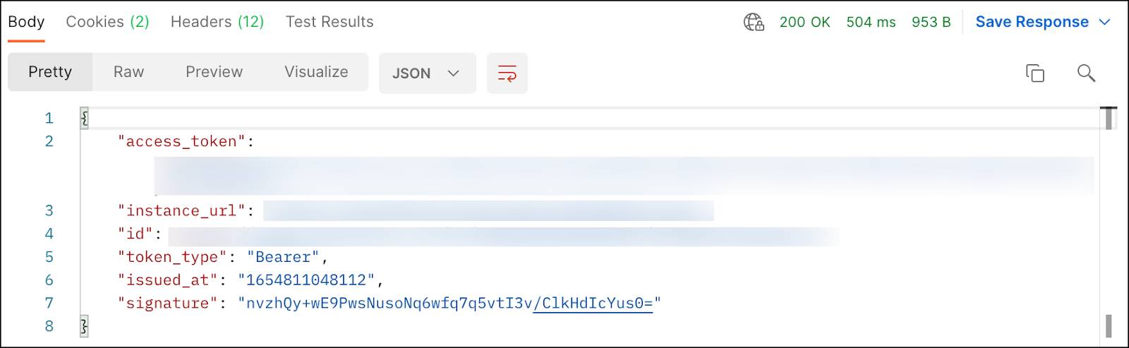 Postman Desktop screen—response from authentication request