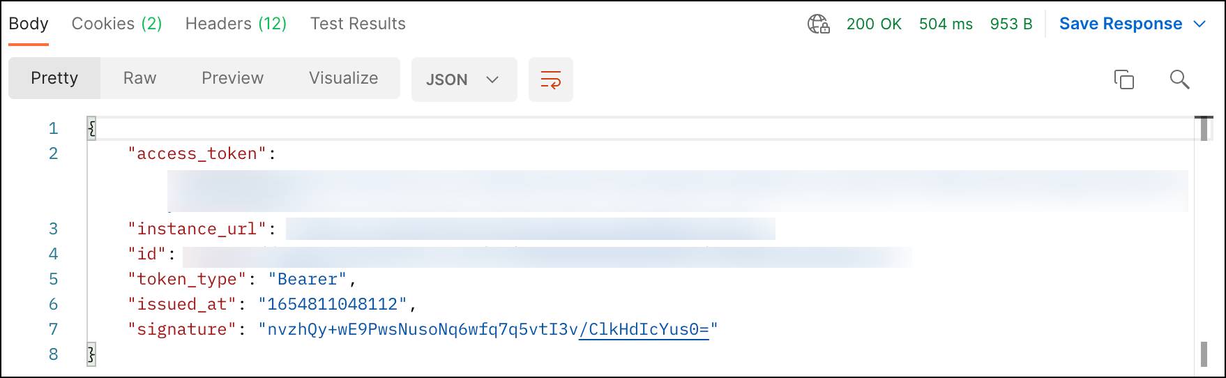 Postman Desktop screen—response from authentication request