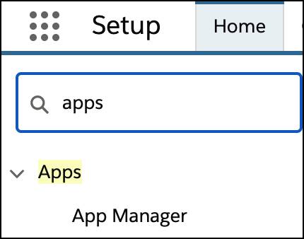 El cuadro Quick Find (Búsqueda rápida) en Setup (Configuración) donde se ve la búsqueda de "apps" (aplicaciones) y App Manager (Gestión de aplicaciones)