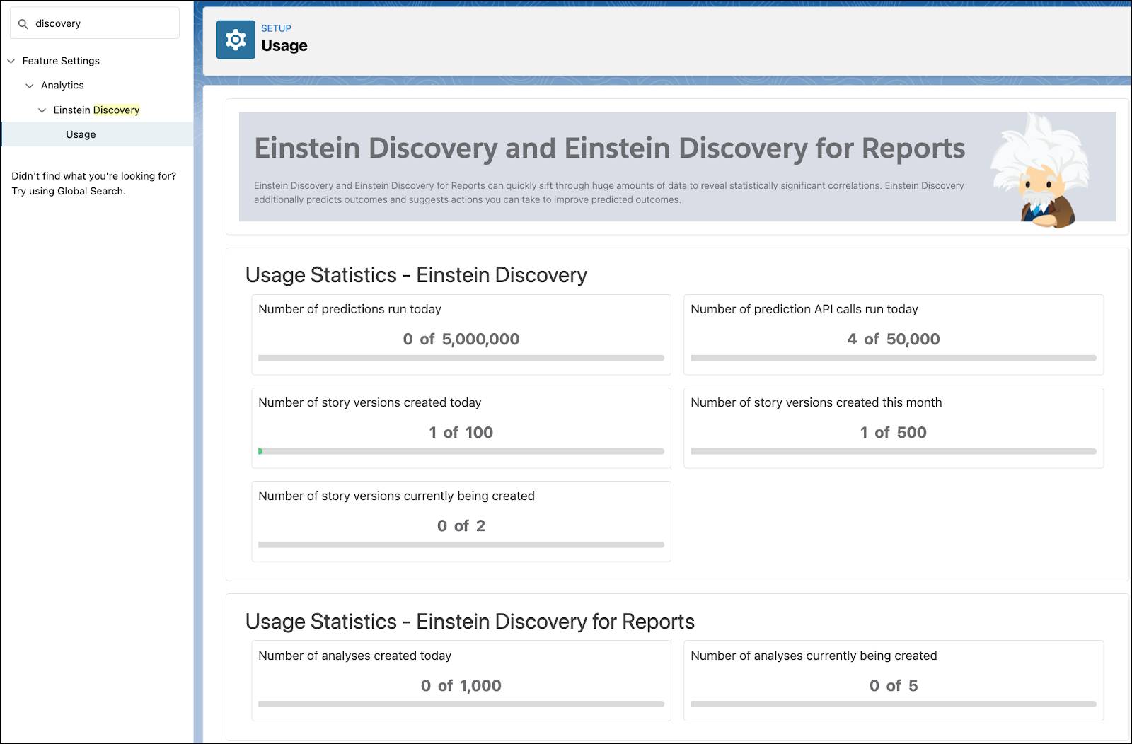Pantalla Einstein Discovery Usage Monitoring (Seguimiento de uso de Einstein Discovery) donde se ve el número de llamadas API de predicción realizadas hoy