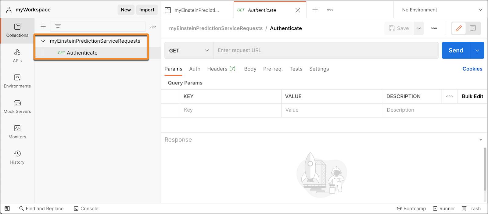 Pantalla de la versión de escritorio de Postman donde se ve una nueva colección llamada Authenticate (Autenticar)