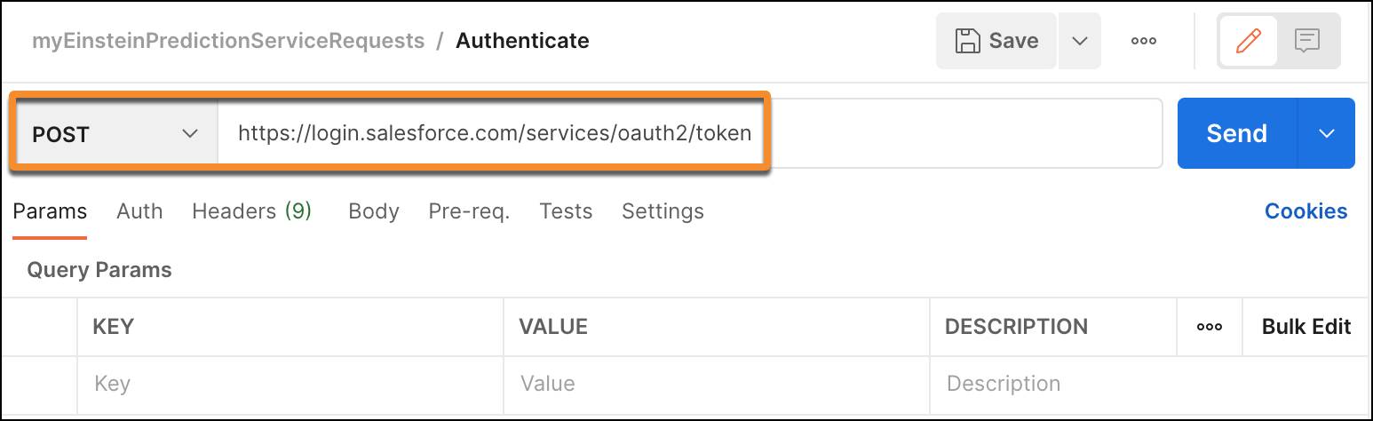 Pantalla de la versión de escritorio de Postman donde se ve la configuración de la solicitud Authenticate (Autenticar)