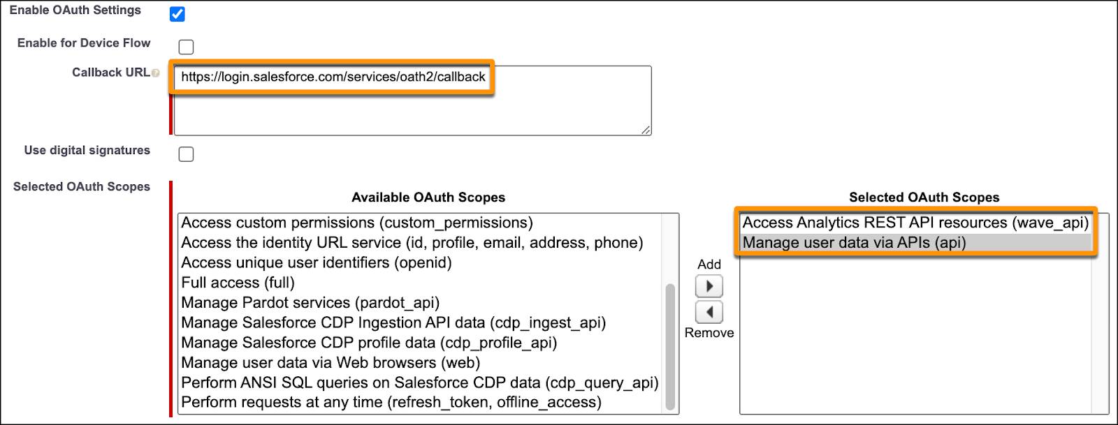 Écran Lightning Experience App Manager (Gestionnaire d’applications Lightning Experience) affichant l’URL de rappel et les domaines OAuth sélectionnés