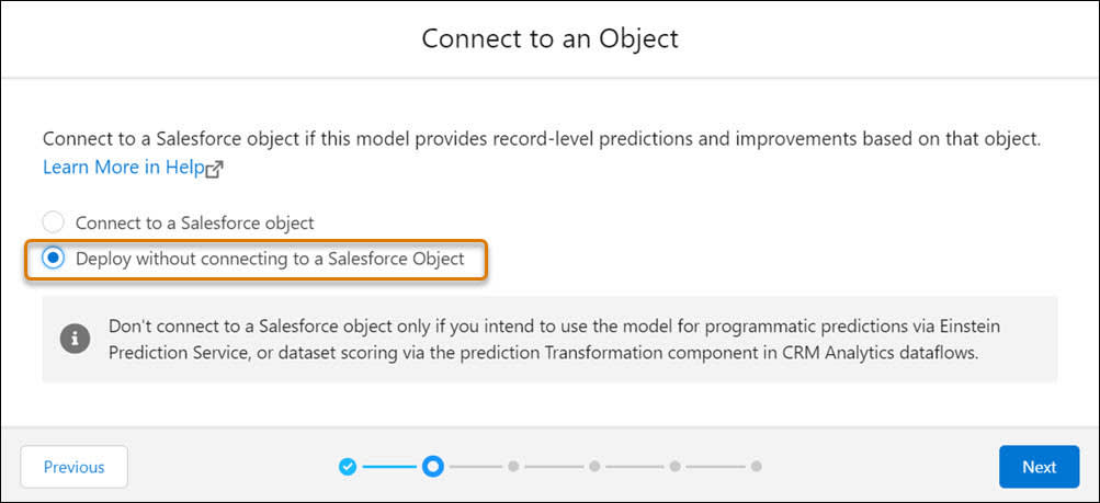 La pantalla de asistente de implementación con la opción Deploy without connecting to a Salesforce Object (Implementar sin conectar con ningún objeto de Salesforce) seleccionada