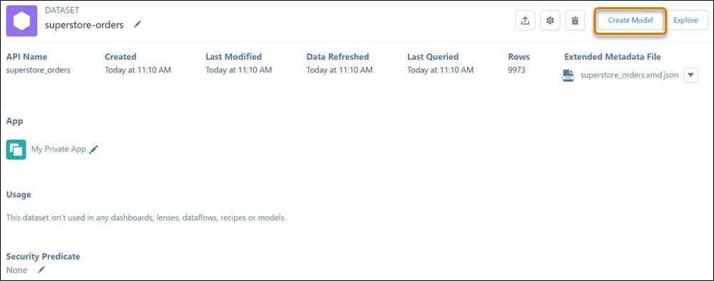 Ficha Dataset (Conjunto de datos) con el botón Create Model (Crear un modelo) resaltado