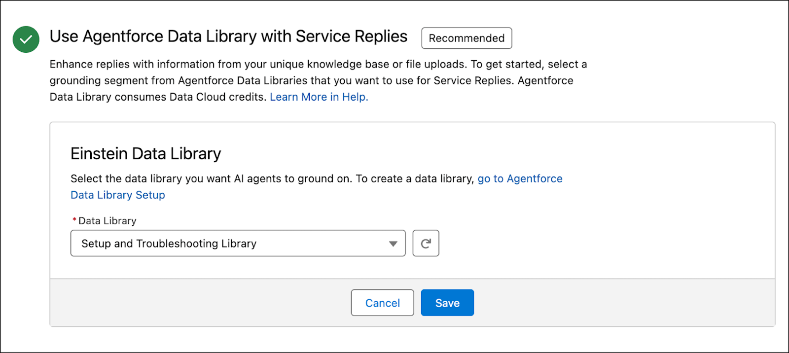 The Agentforce Data Library in Service Replies setup with the Setup and Troubleshooting Library selected.