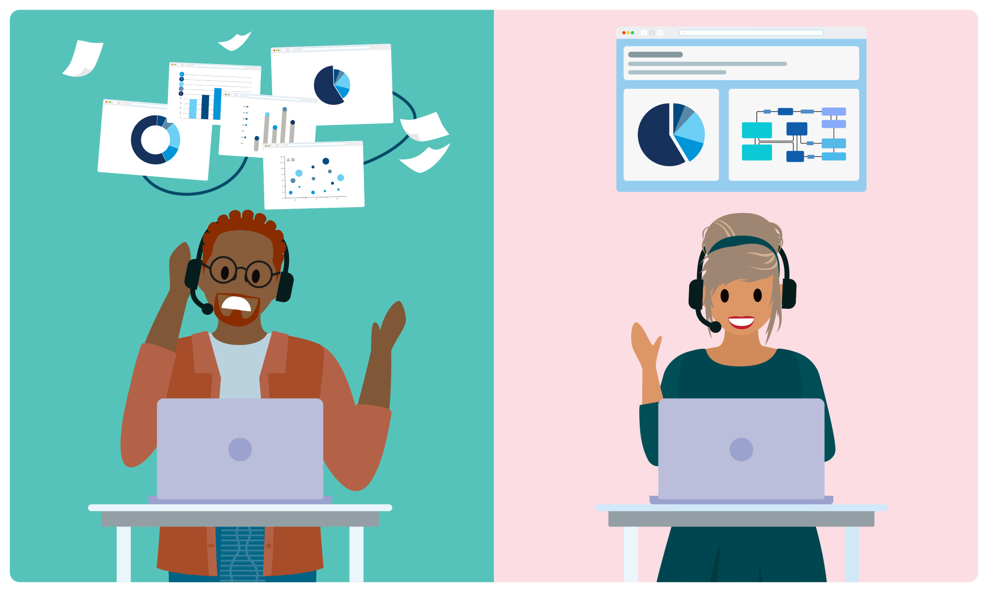 An agent overwhelmed working with multiple screens, next to a happy agent with all their work in a single screen.