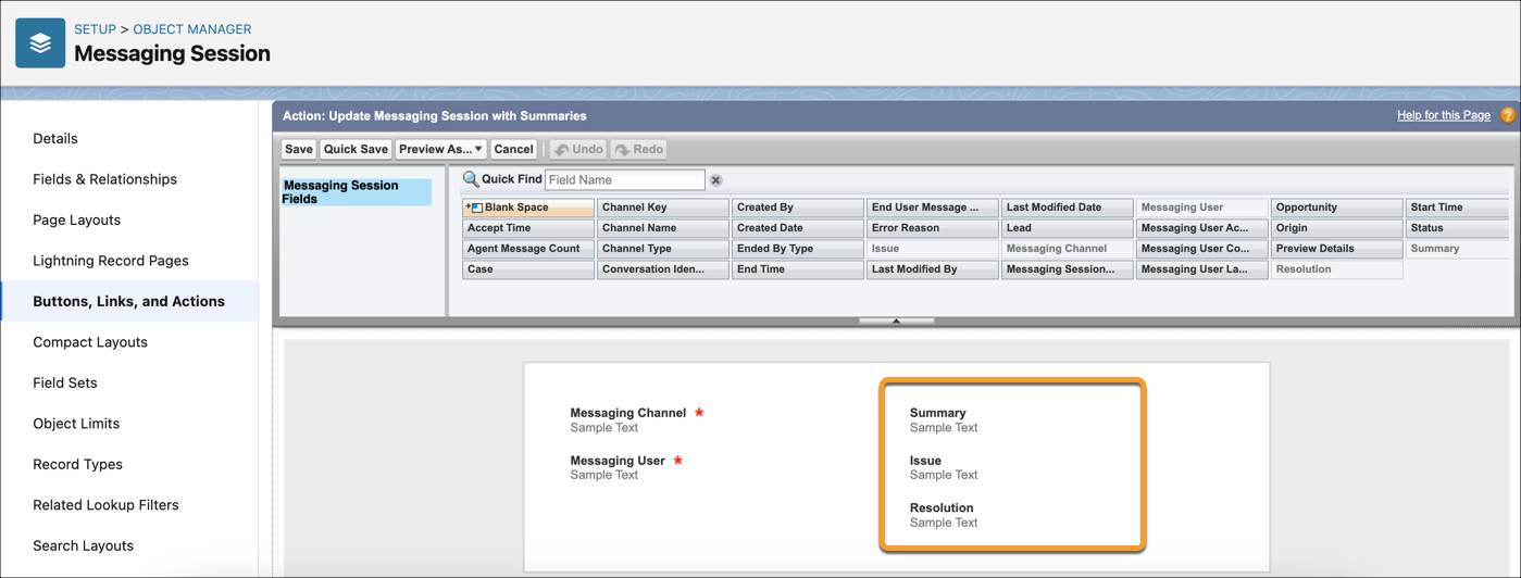 The Messaging Session quick action open with the Summary, Issue, and Resolution fields added.