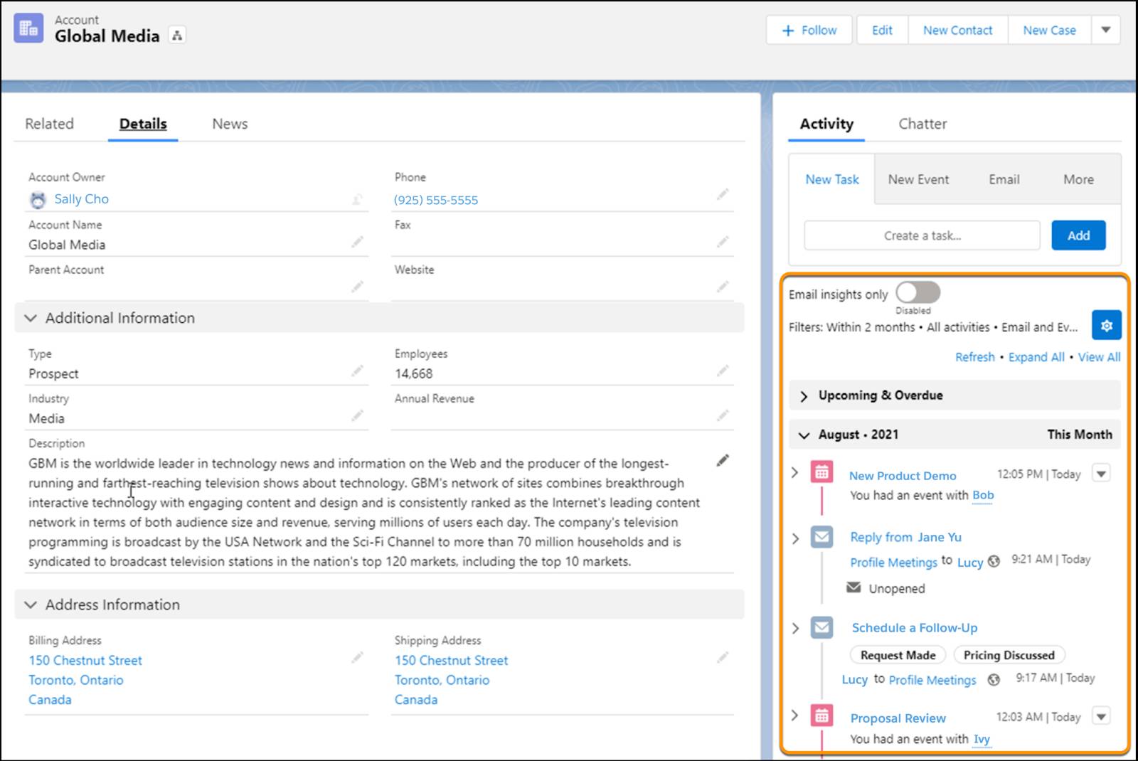 Cuentas en Lightning Experience con cronología de actividad
