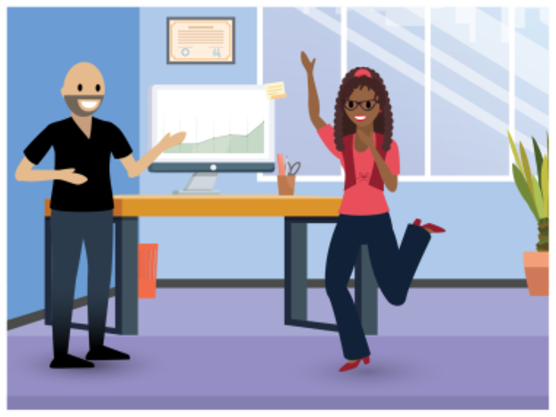 Ada y Lincoln celebrando delante de un gráfico de seguimiento positivo.