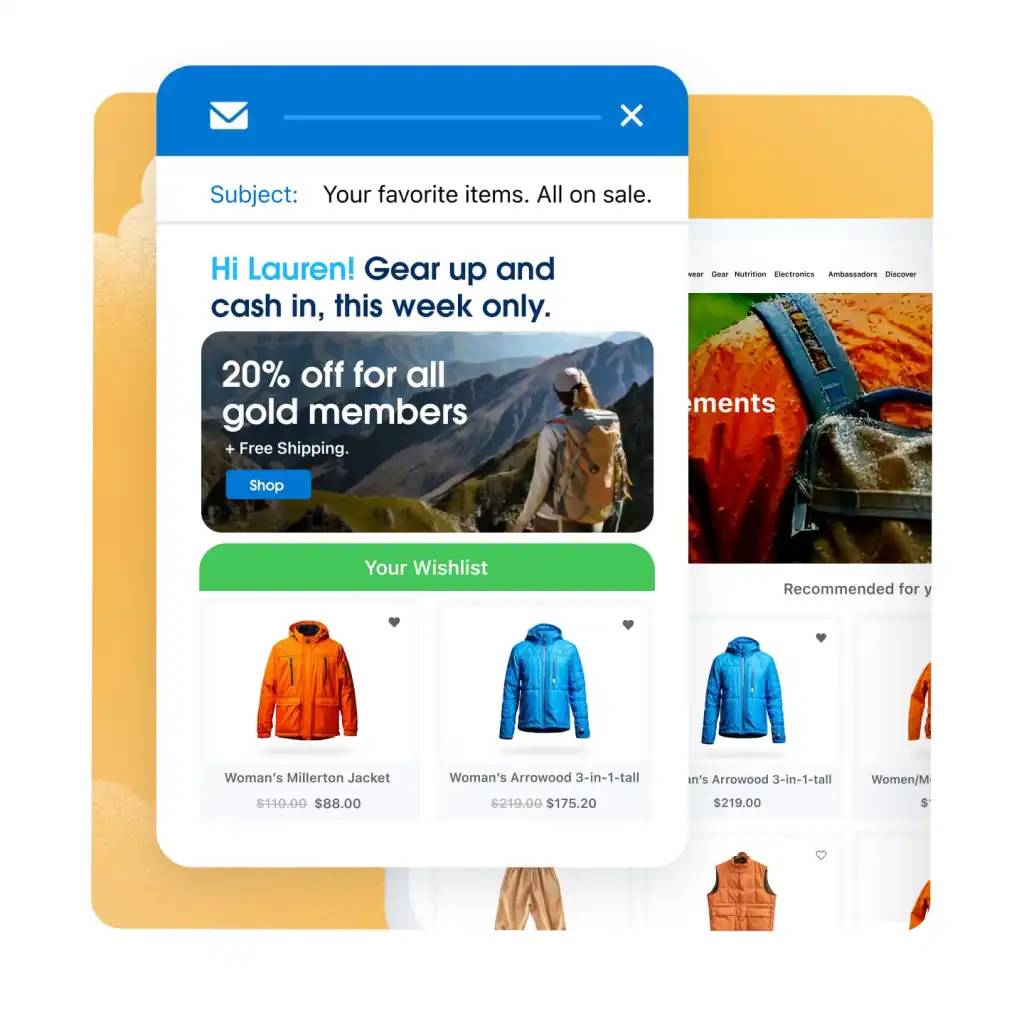 A graphic showing a personalized email addressed to customer Lauren offering a special discount and showing a list of winter jackets from her wishlist.