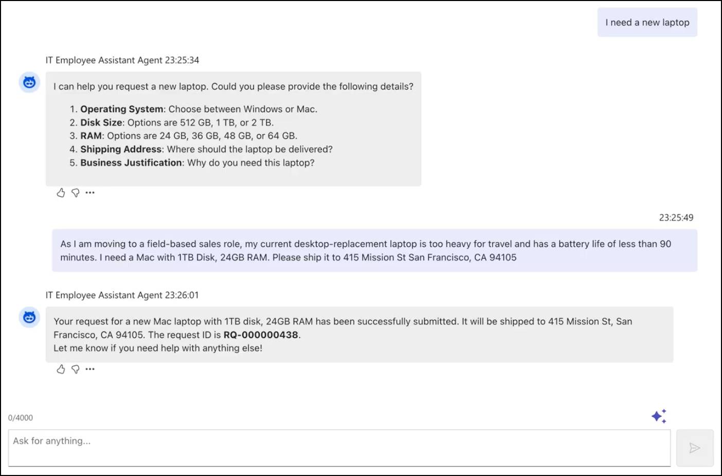 Employee asks for a new laptop from the IT Service Employee Assistant in Microsoft Teams.