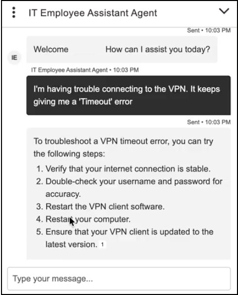 A chat with the IT Service Employee Assistant about a VPN issue from the portal home page.