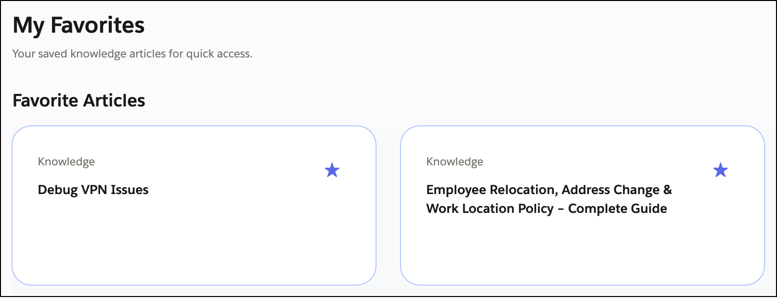 Knowledge articles bookmarked as My Favorites.
