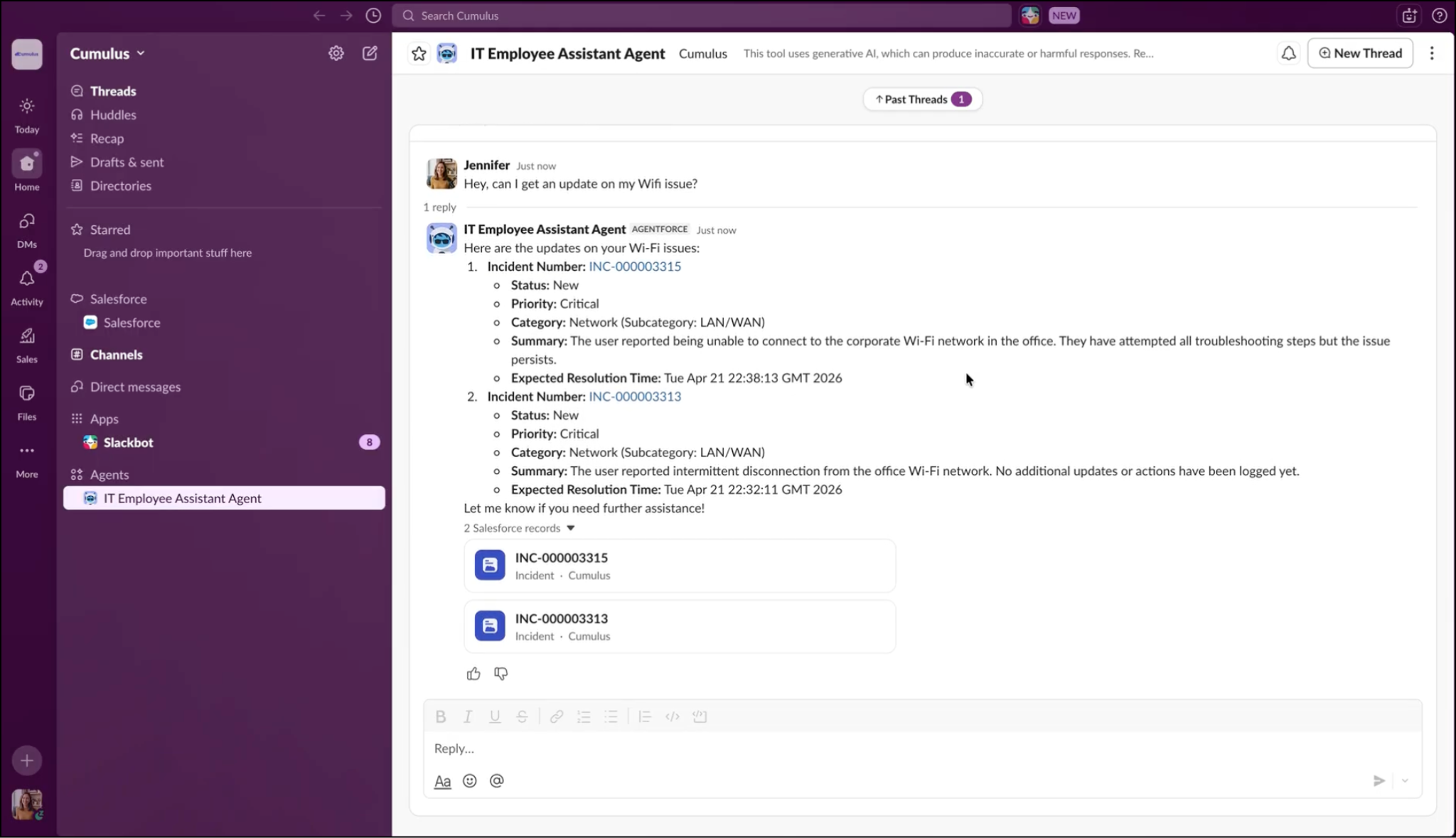 Employee asks for a status update from Slack on their Wi-Fi issue.