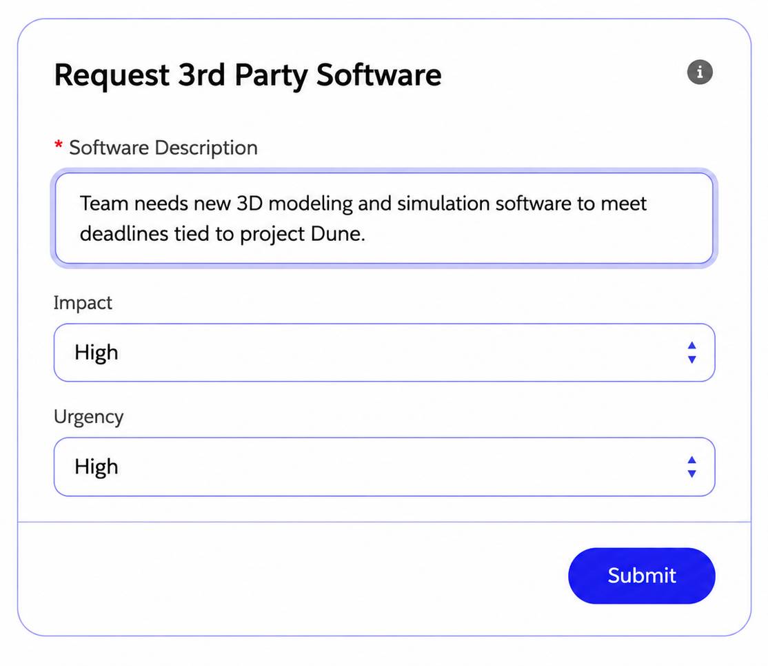 A software request from the Employee Services Portal service catalog.