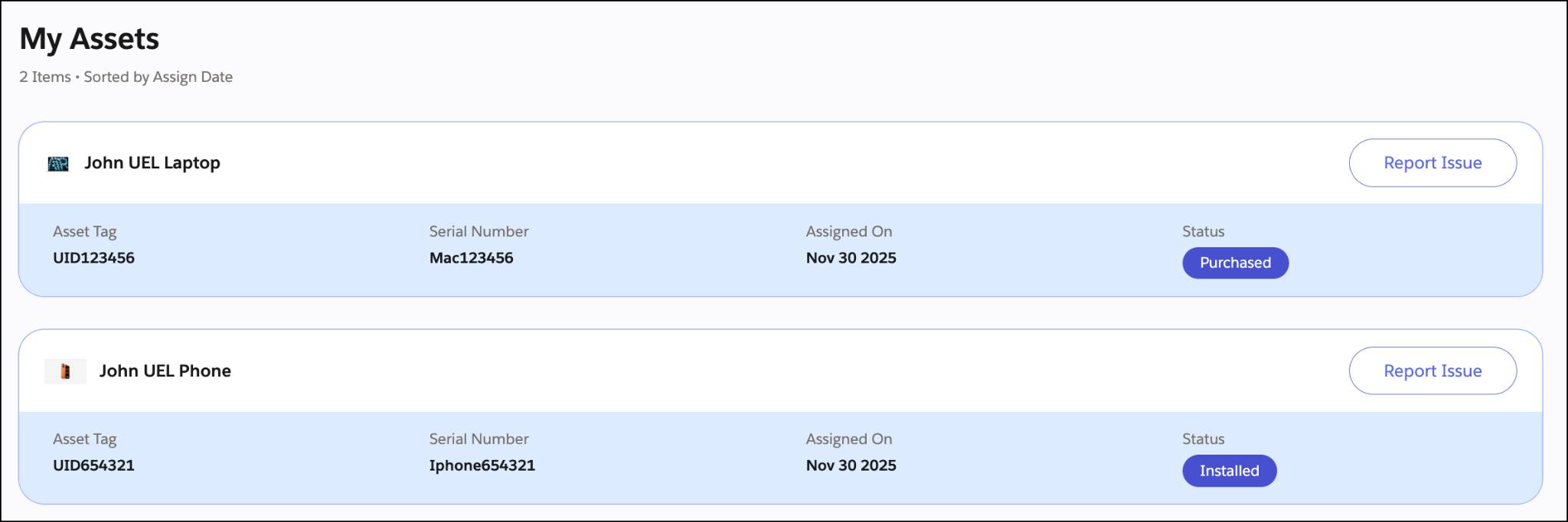 The My Assets screen displays the laptop and phone currently assigned to a user.
