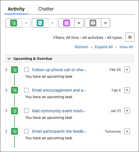 The activity component and a list of Upcoming & Overdue tasks