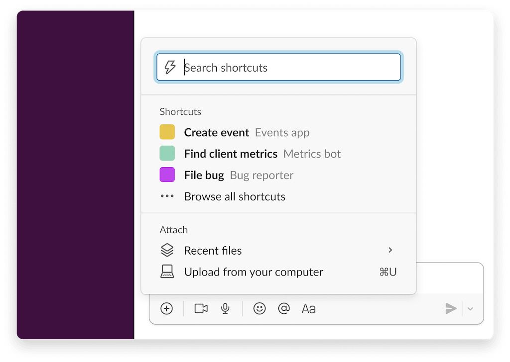 Slack のメッセージ作成フィールドのショートカットメニュー検索。