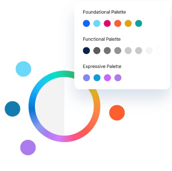 Example colors from the new UI Foundational Palette, Functional Palette, and Expressive Palette.