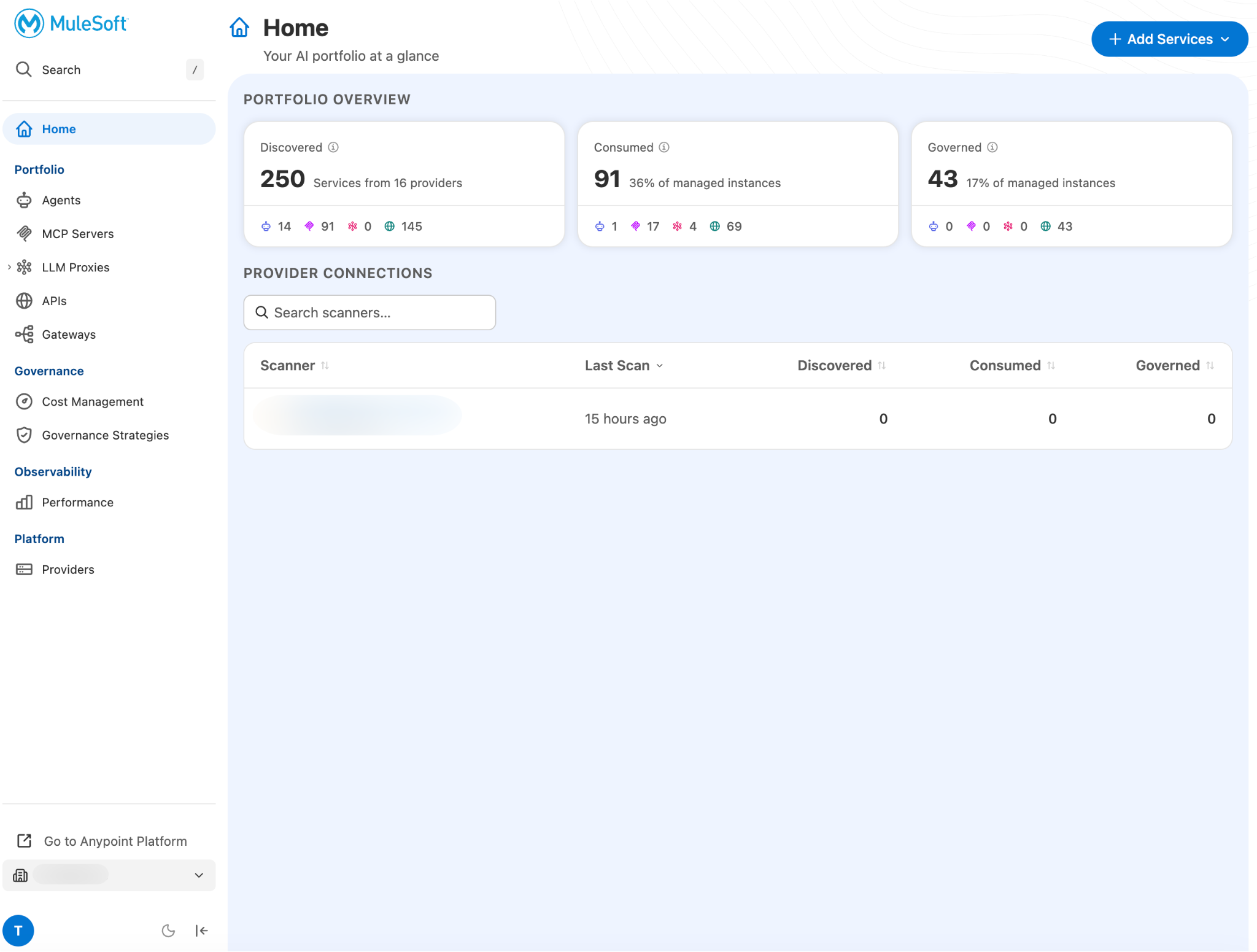 Enhanced MuleSoft Experience home page showing portfolio overview and scanners.