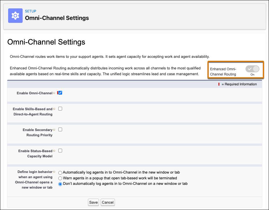 The Omni-Channel Settings Page in Setup highlights the Enhanced Omni-Channel Routing toggled to on.