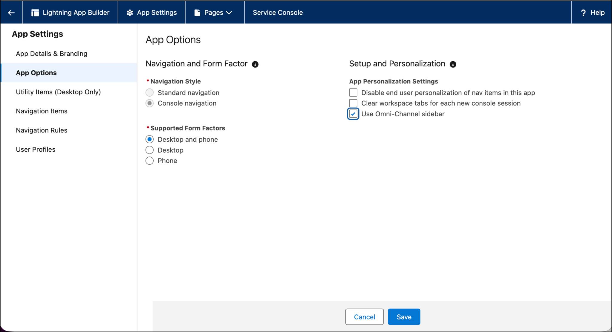 The Lightning App Builder with App Options shows Use Omni-Channel sidebar selected.