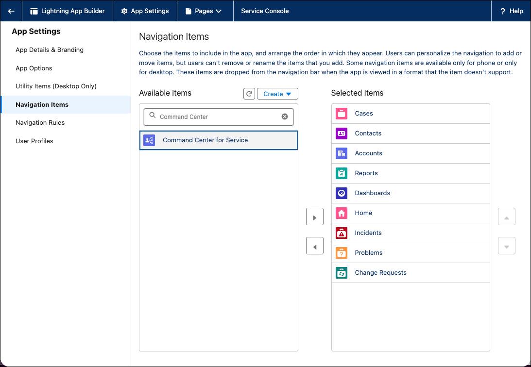 The Lightning App Builder with Command Center for Service selected in Navigation Items.