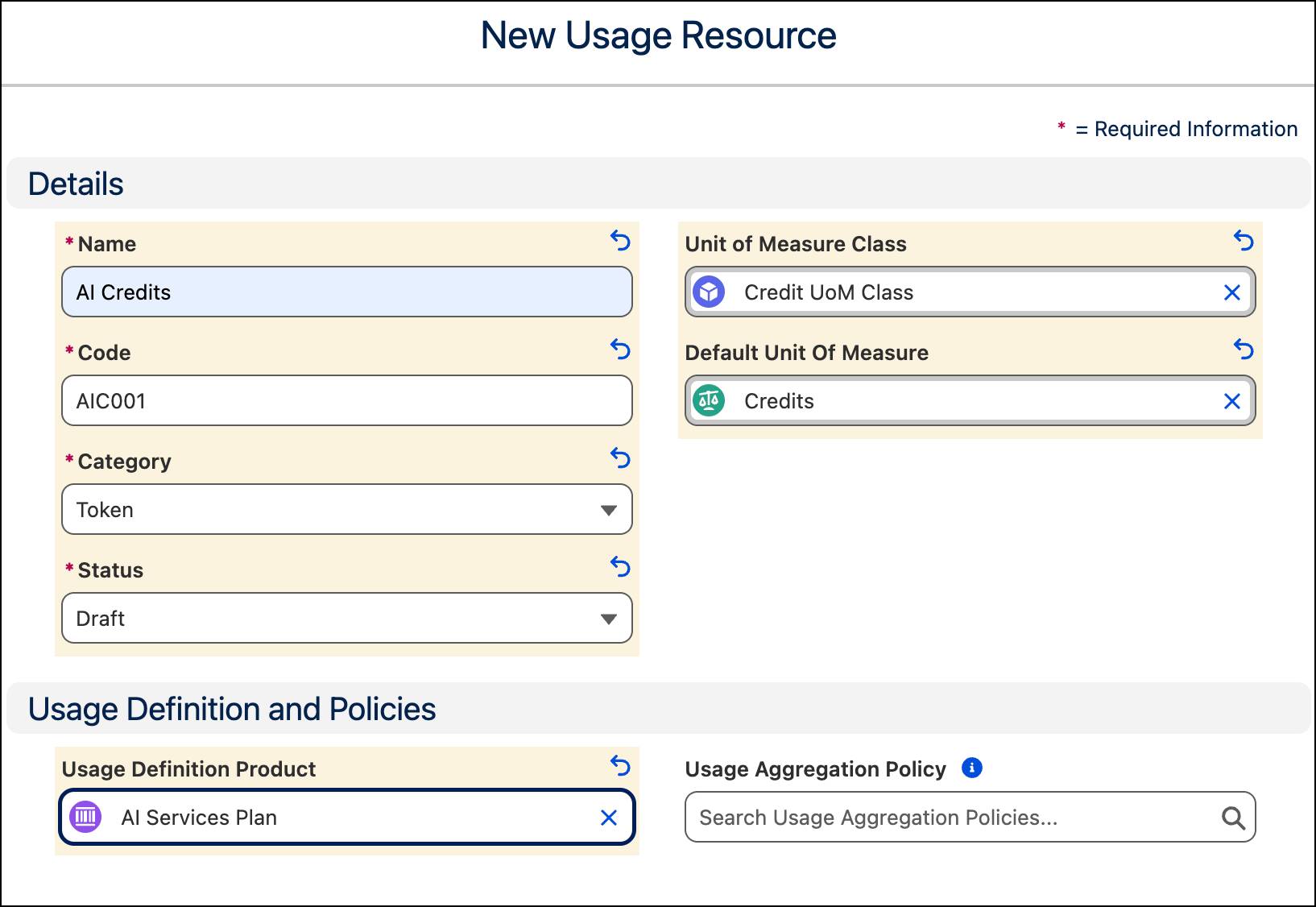 The New Usage Resource page.