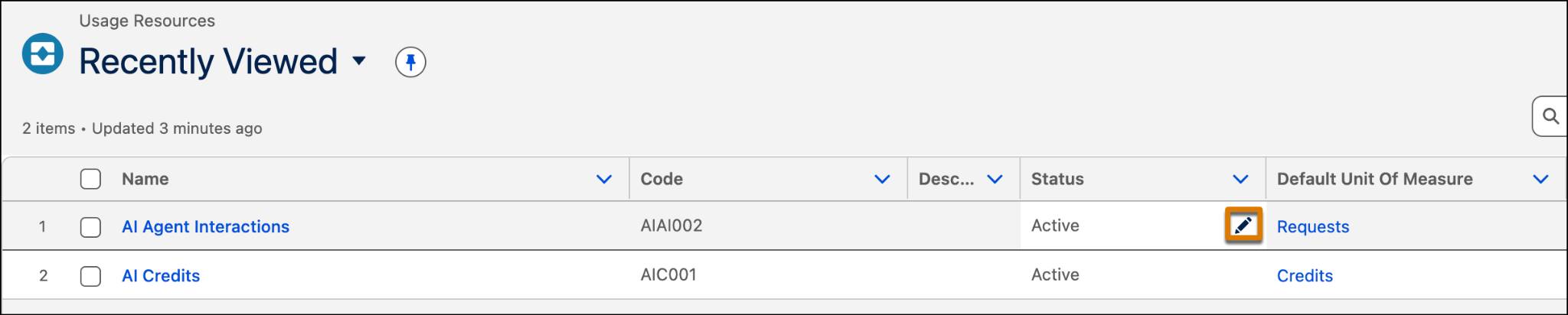 Status of usage resources set to active with an edit icon highlighted.
