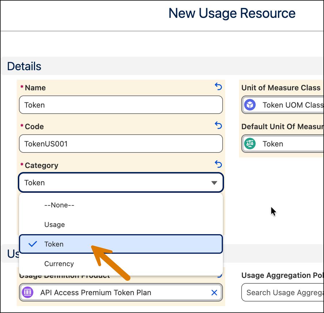 Category picklist on the New Usage Resource page with Token highlighted.