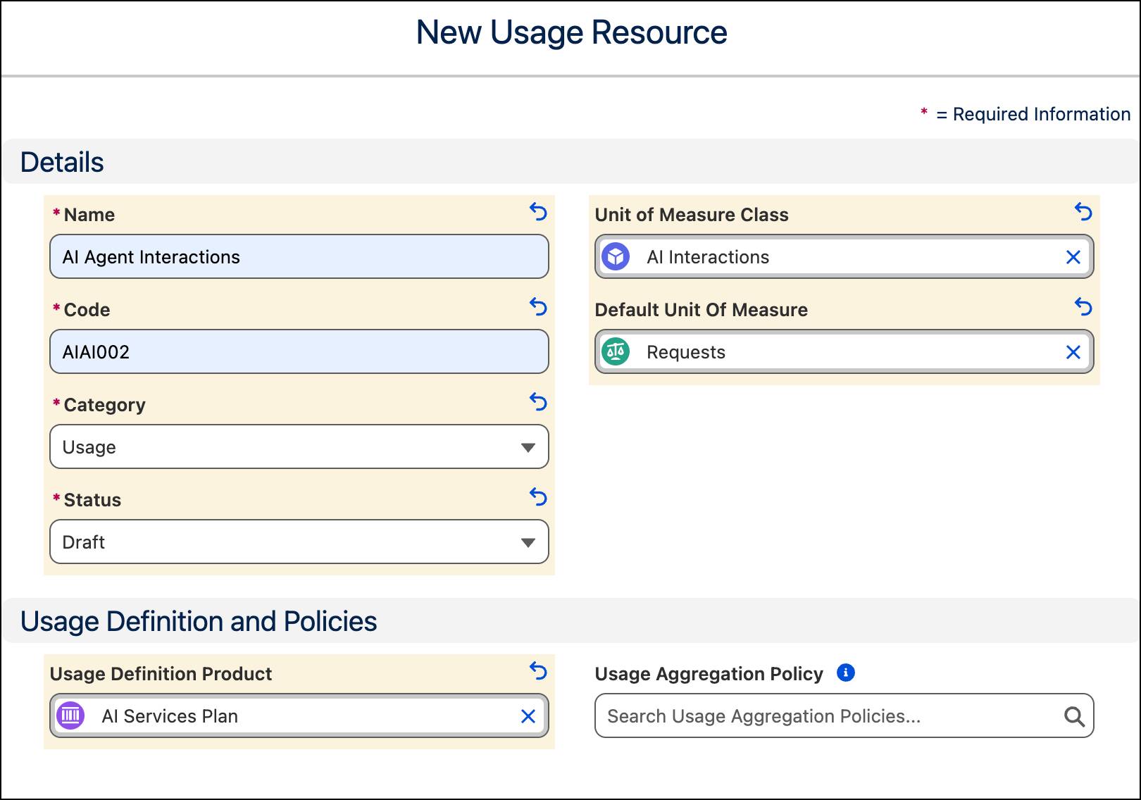 The New Usage Resource page.