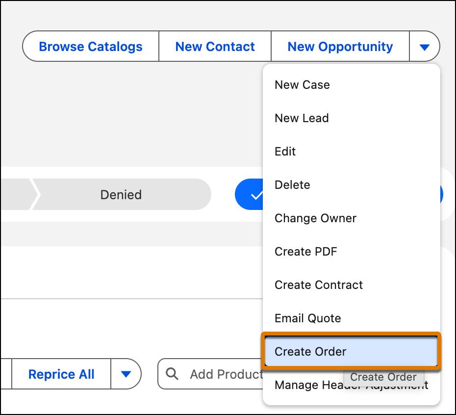 The Create Order option highlighted in the action menu.