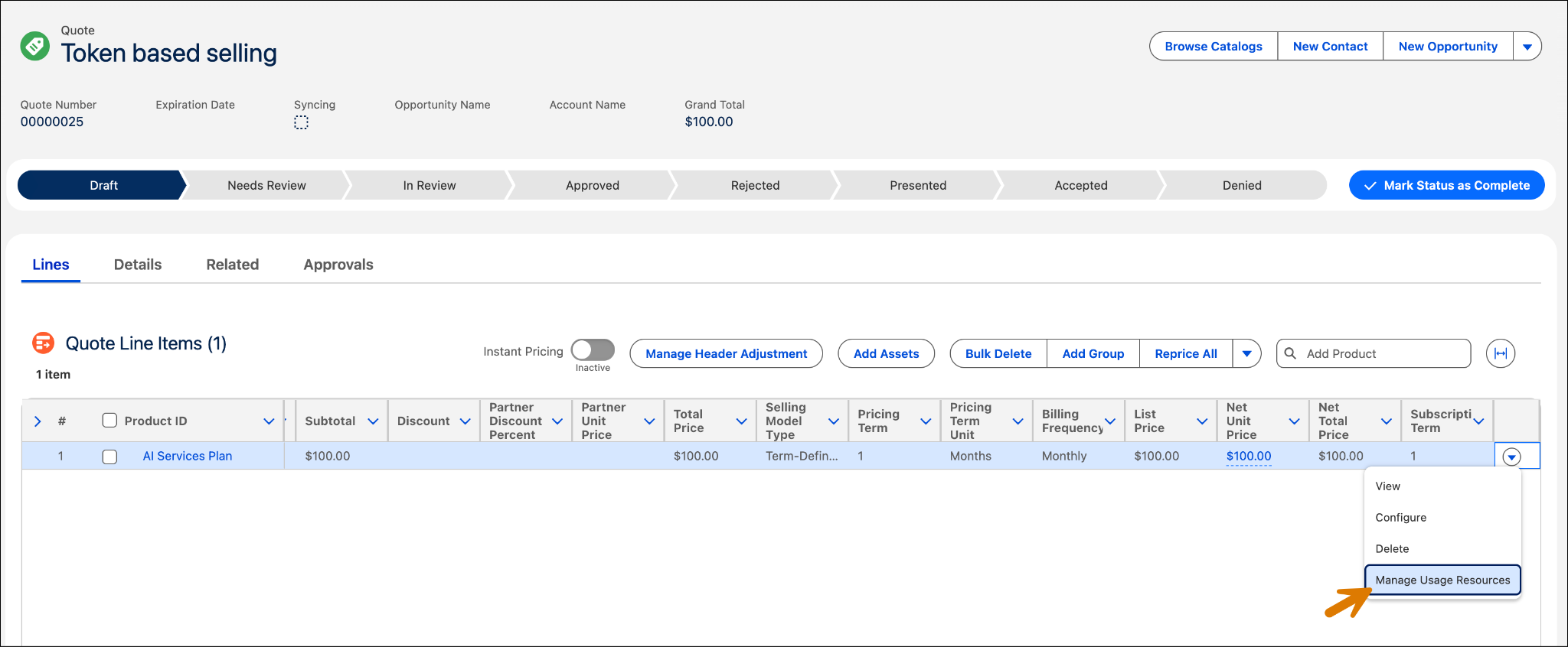 Manage Usage Resources option highlighted on the Token based selling quote.