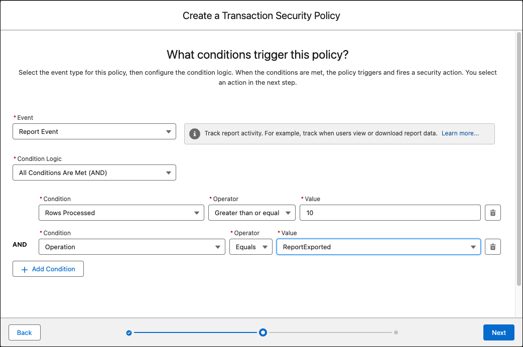 Condition page for new policy showing these selections: Report Event, All Conditions Are Met, and two conditions for Rows Processed >= 10 and Operation equal to ReportExported.
