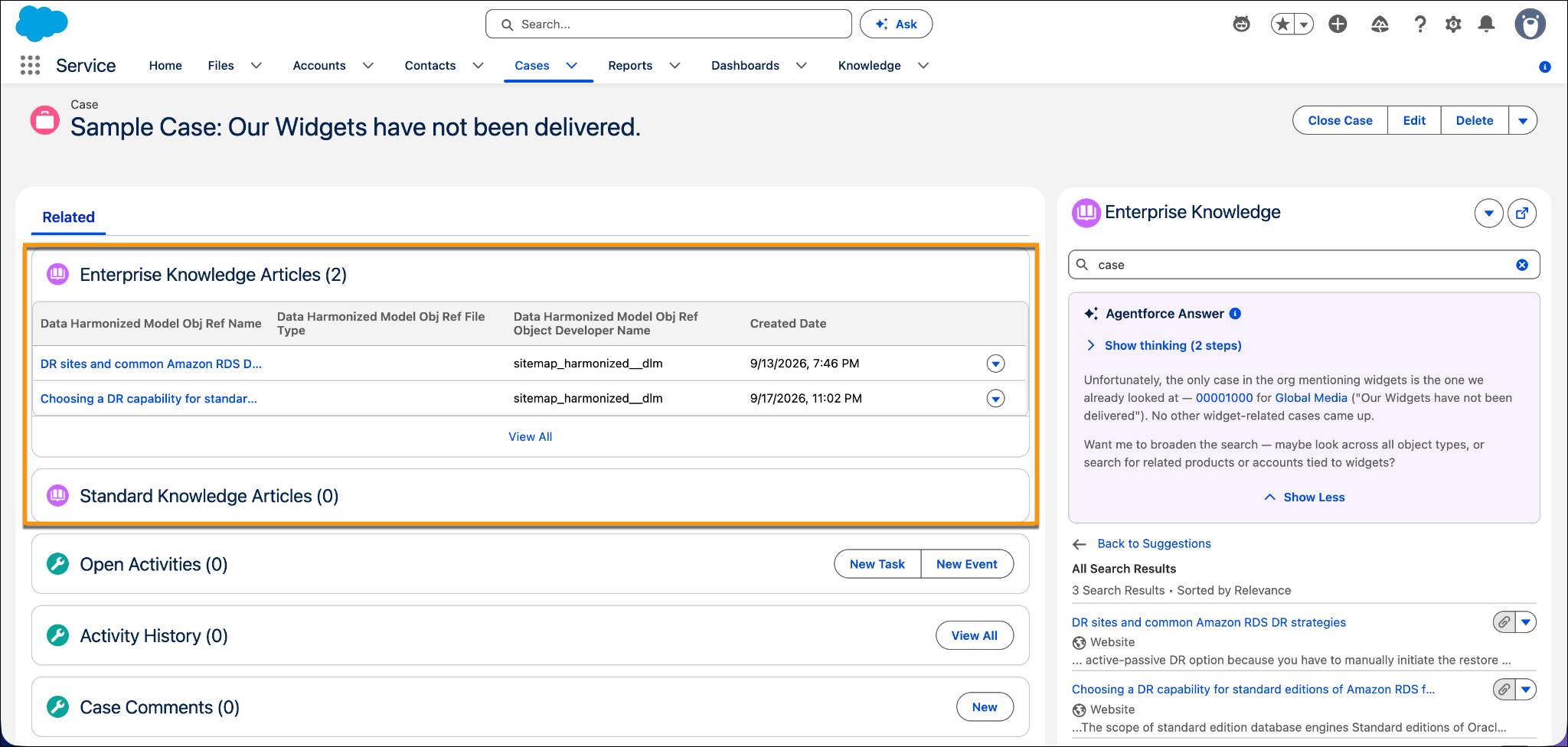 The Enterprise Knowledge Articles component showing added articles.
