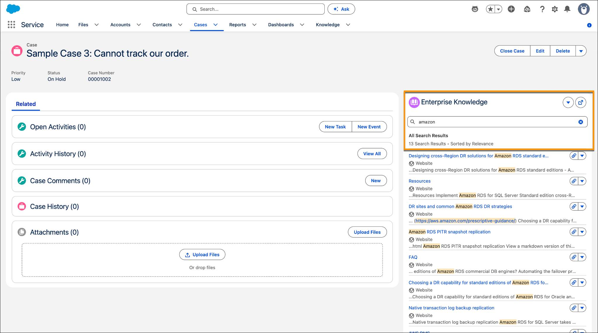 The Enterprise Knowledge component returning knowledge articles upon search on a case page.