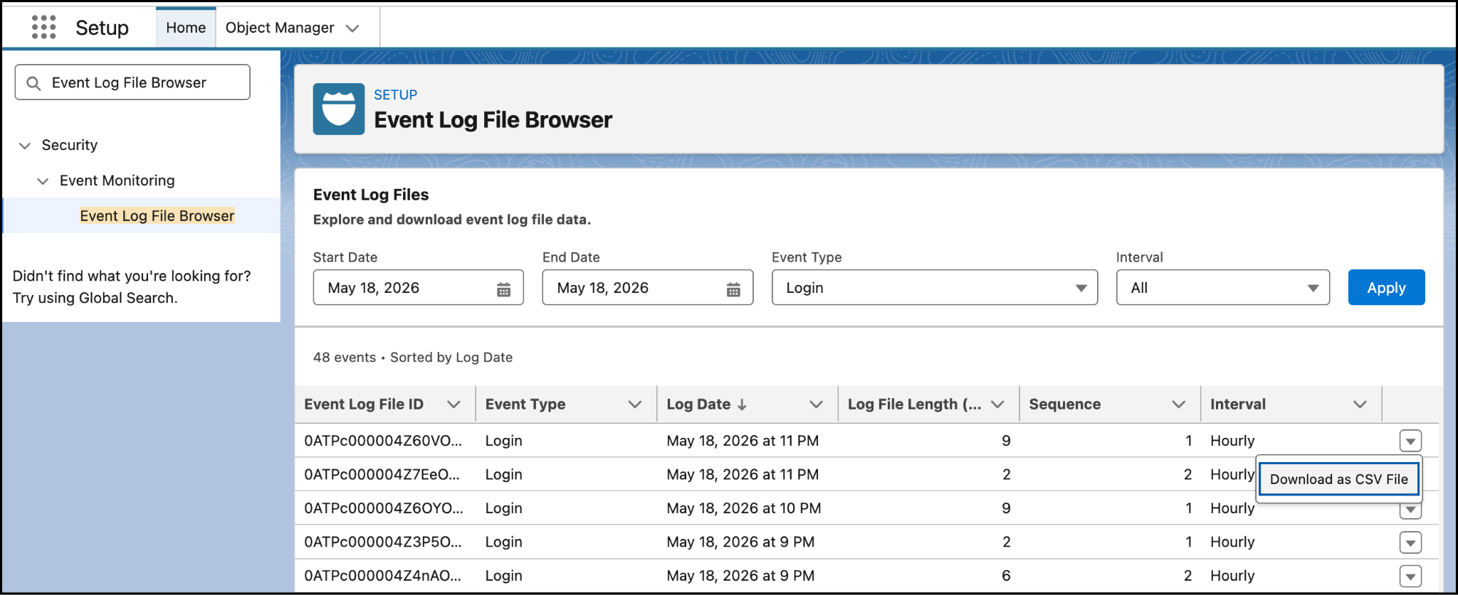 The Event Log File Browser in Salesforce Setup, showing the Login Event Type and Date filters with a Download button.